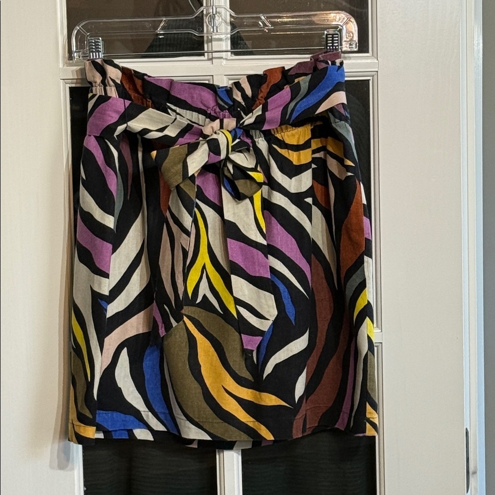 WHO WHAT WEAR Colorful Abstract Print Linen Blend Paperbag Waist Mini Skirt L